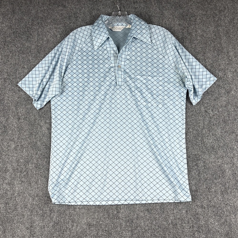 Vintage 70s Lilly Dache Dagger Collar Knit Polo Shirt Mens Medium Ice Blue Grid
